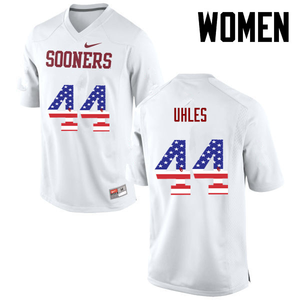 Women Oklahoma Sooners #44 Jaxon Uhles College Football USA Flag Fashion Jerseys-White